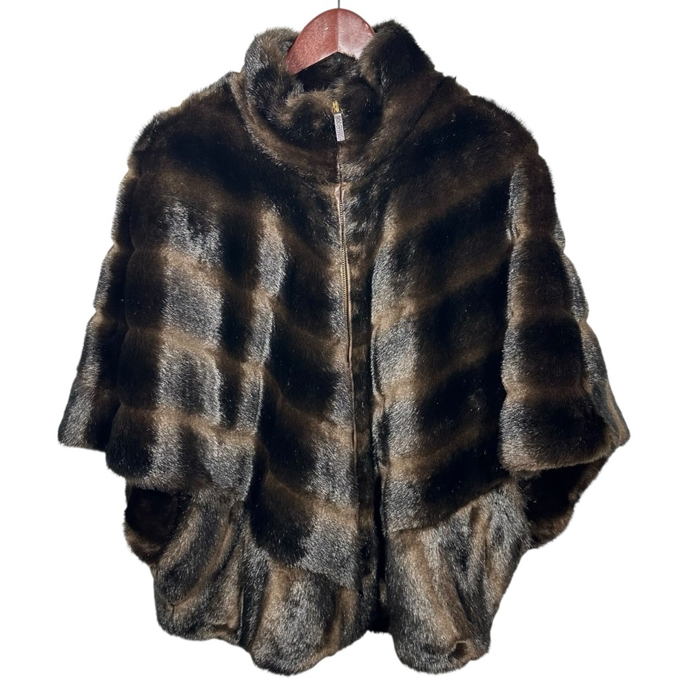 Jones New York Faux Fur Funnel Neck Cape Poncho Coat Sz M Glam Animal Print Zip